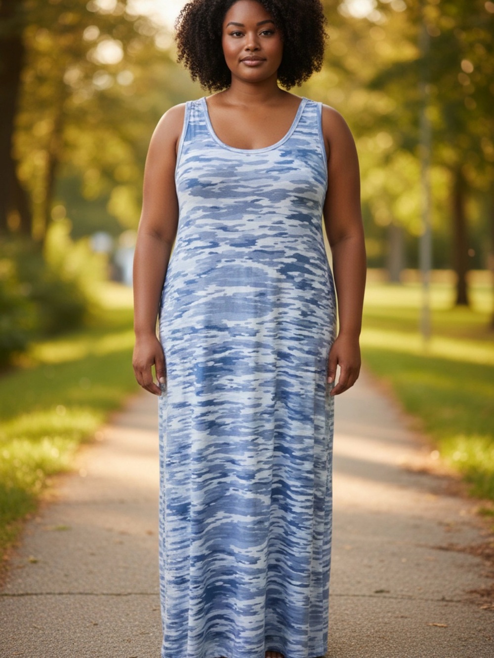NWT: QVC Sleeveless Blue Camouflage Maxi Dress with slits